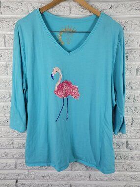 Sun Bay‎ Women's 1X Tunic Blue Flamingo Rhinestone 3/4 Sleeve V-Neck NOV102XE